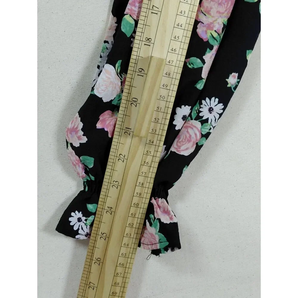 H&M Divided Black Floral Ruffle Smocked Stretch Blouse Women Size M